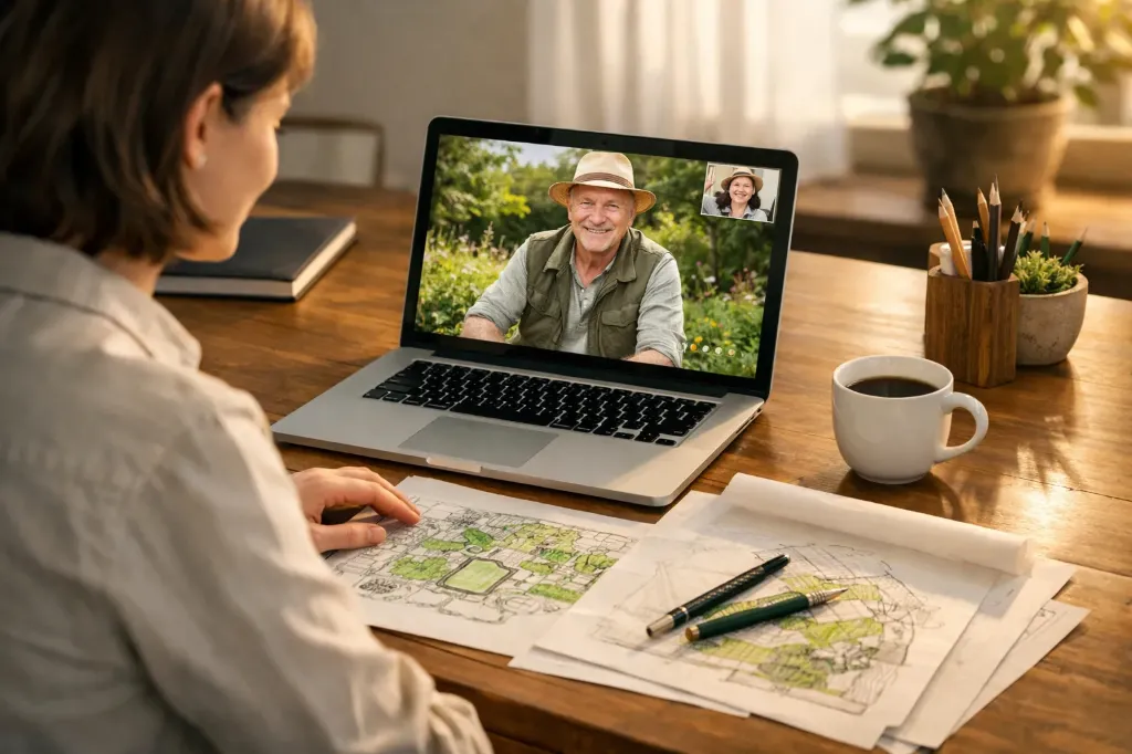 Plan 2D jardin & Cahier d'ambiances · À distance